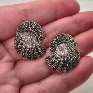 Vintage Sterling Silver Marcasite Fan Earrings
